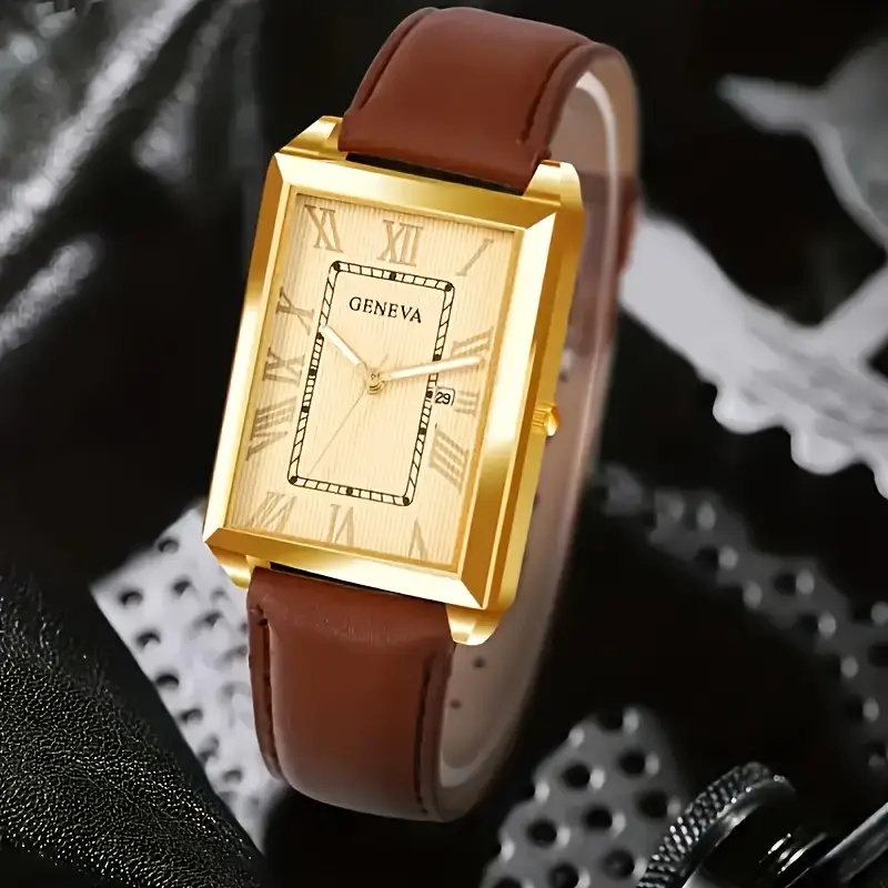Image of Elegant Women's Geneva Quartz Watch With Brown Pu Strap And Golden-tone Square Case – Perfect For , Gift For Her