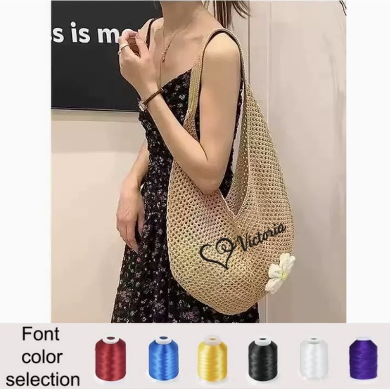 TEMU Custom Embroidered 1pc Handmade Bohemian Crochet Beach Tote Bag, Breathable Mesh Design, Exquisite Floral Embellishments, Durable Fabric With