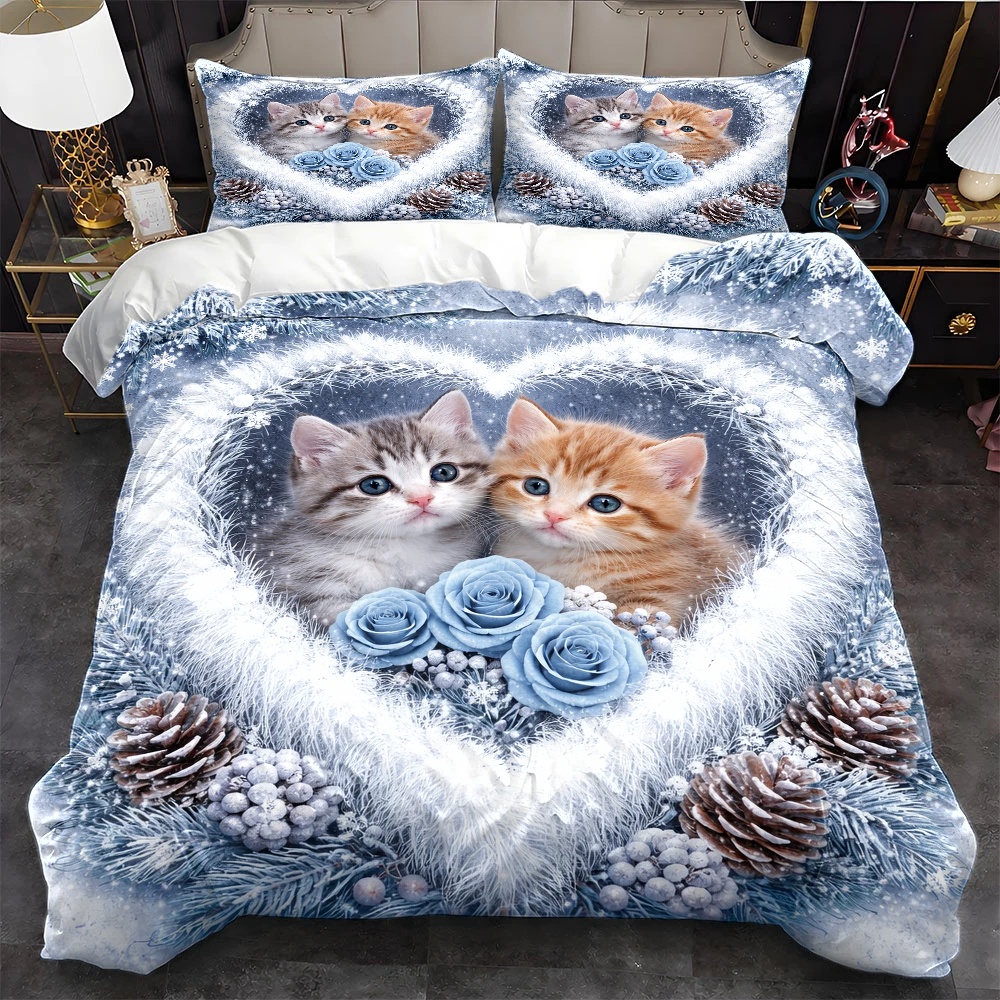 TEMU 3pcs Cute Cat Floral Themed Duvet Cover Set, Bedding (1 Duvet Cover   2 Pillowcases), Suitable For , Machine Washable, Invisible Zipper Design,