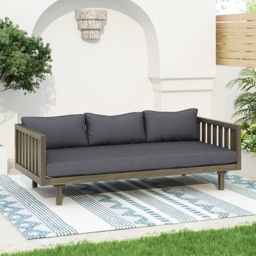 3 seater outdoor daybed with acacia wood frame grey high quality cushions manual recliner slat solid backrest for patio garden balcony easy assembly cushions for outdoor furniture elegant durable hardwood