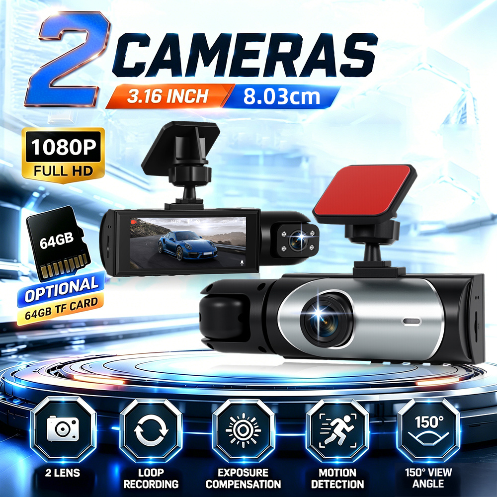 Image of Dual Camera Car Dash Cam, Front 1080p & Cabin 480p Car Dvr, Ir Night Vision & Loop Recording Dashboard Camera, Wide Angle 8.03cm Ips Screen Dual Lens Video Recorder, 64gb Sd Card Optional