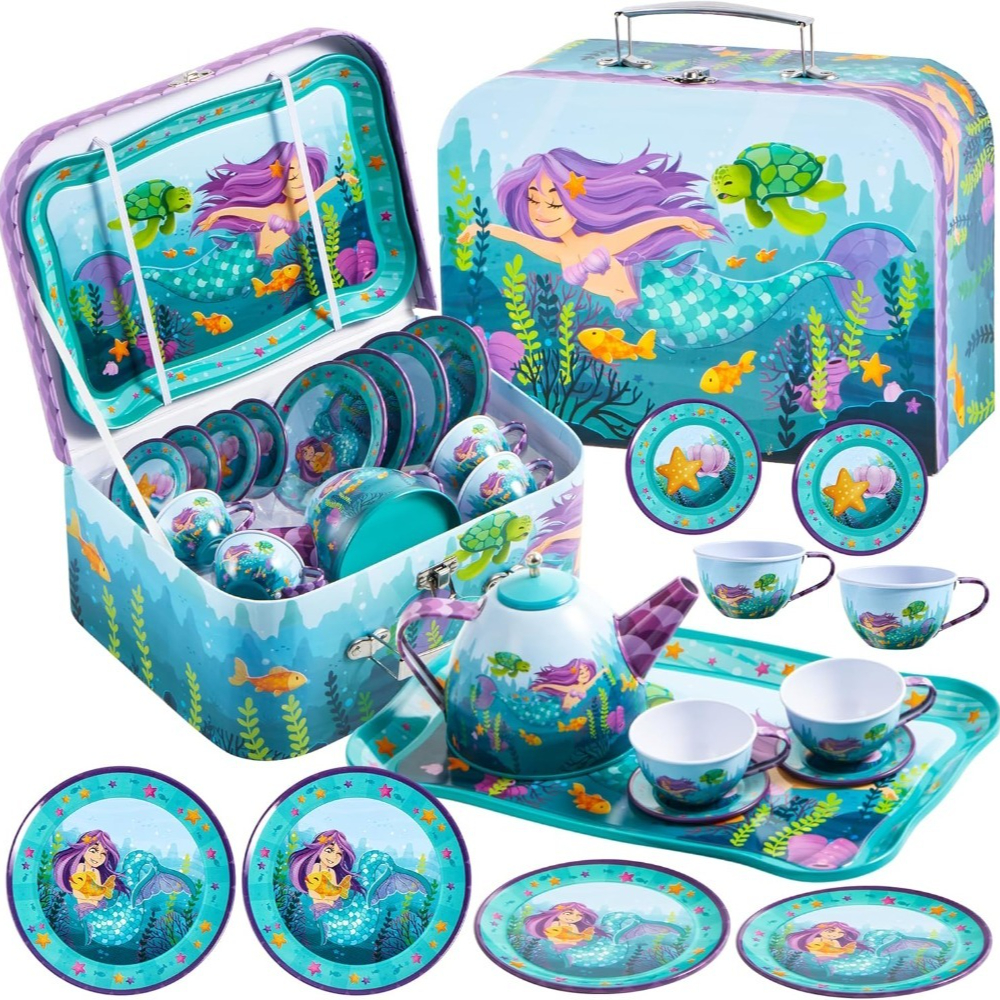 TEMU Mermaid Tea Party Set For Girls Age 3-6 With 4 Cups, Plates & Tin Teapot - Non-toxic Pretend Play Kitchen Toy, Mermaid-themed Role-play Tea Set