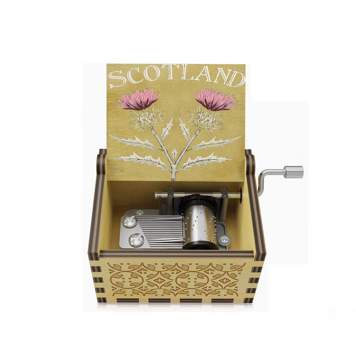 TEMU 1pc Scottish Thistle Pattern Wooden Hand-cranked Music Box Unique Floral Element Interpretation Of Scottish Style Classic Wooden Material