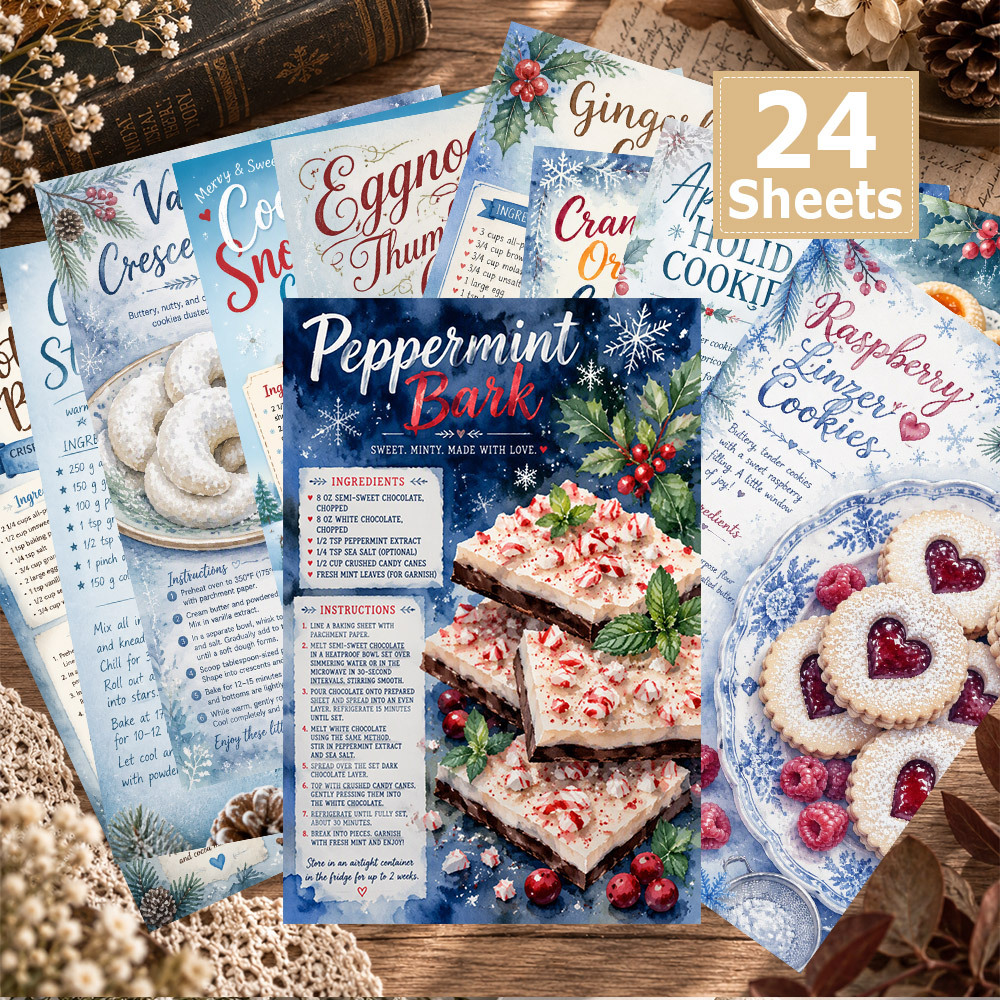 TEMU Lot de 24 cartes postales de recettes de desserts de fêtes 4×6 pouces avec de feuilles de et de , 24 recettes de desserts pour la table de Noël.