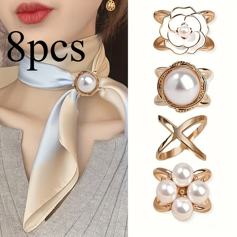 E-shop 8-teiliges elegantes Schalclip-Set in Goldoptik – Perlen- & Blumenmuster Schalverschlüsse, vielseitige Schalhalter für Damen, stilvolle