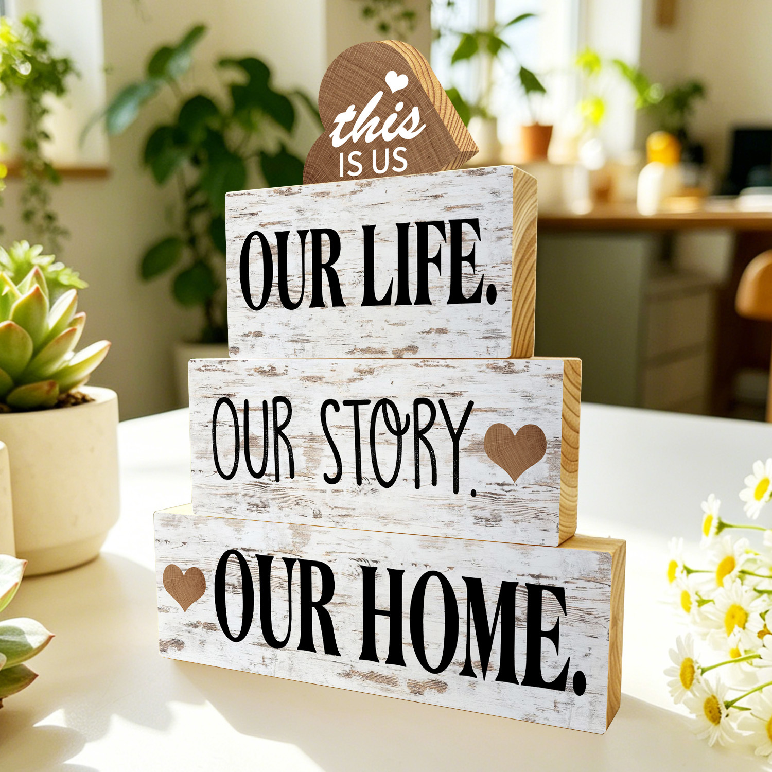 TEMU 4pcs Wooden Farmhouse Table Top Decor, Rustic Inspirational Family Quote Wooden Sign Centerpiece Layered Tray Decor, Love And Home Themed Table