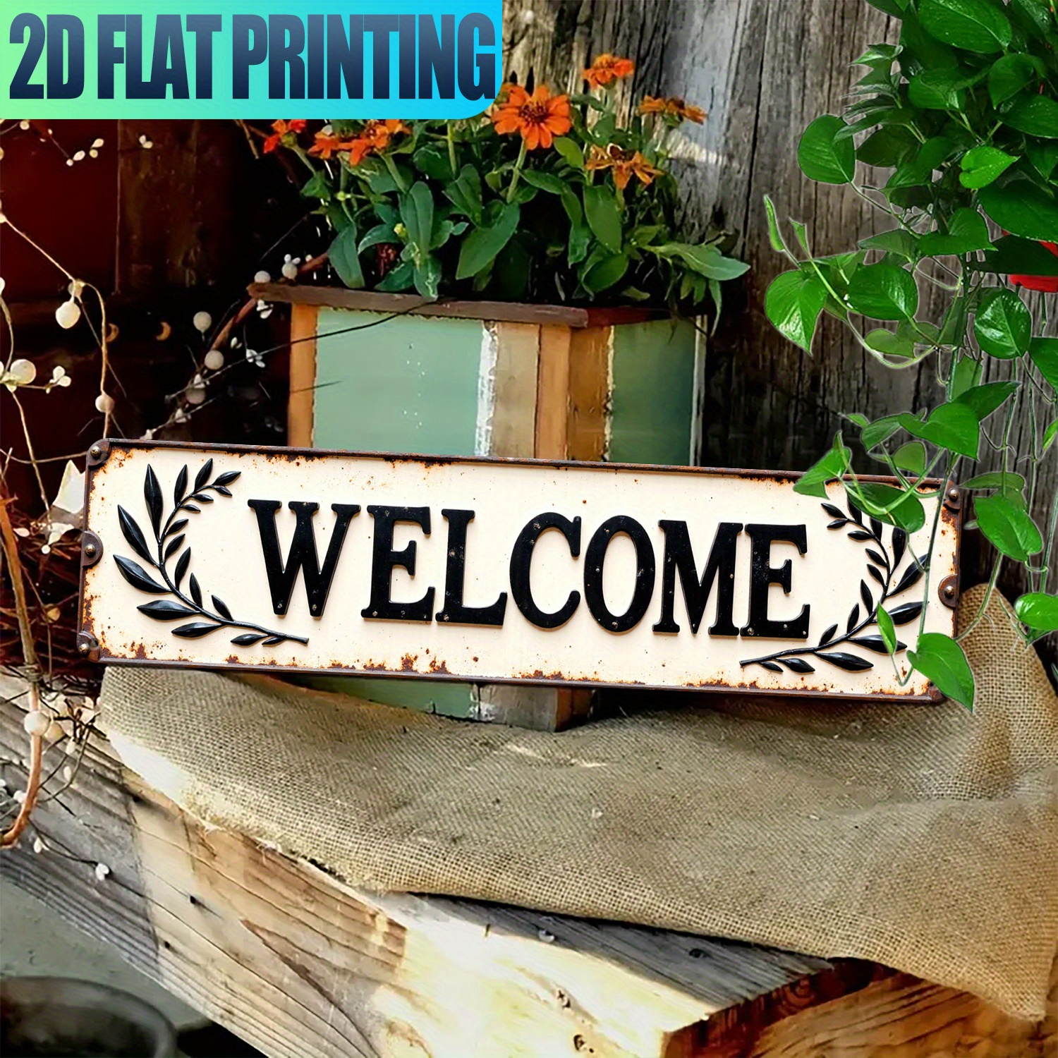 TEMU 2d Flat Retro Country Welcome Sign - Heavy Duty Aluminum Metal Wall Decor With Distressed White And Black Letters And Leaf Wreath Design -