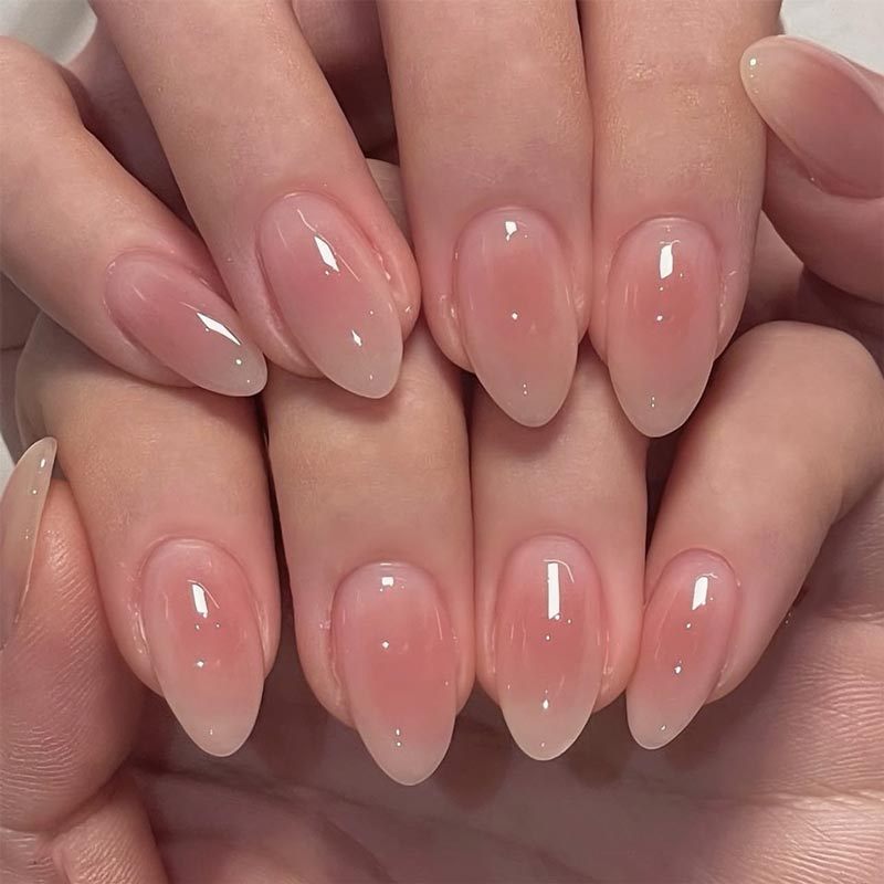 TEMU 24pcs Long Almond Nail Tips With Blush Ombre Design, Simple And Elegant Press-on Nails, Removable Fake Nails