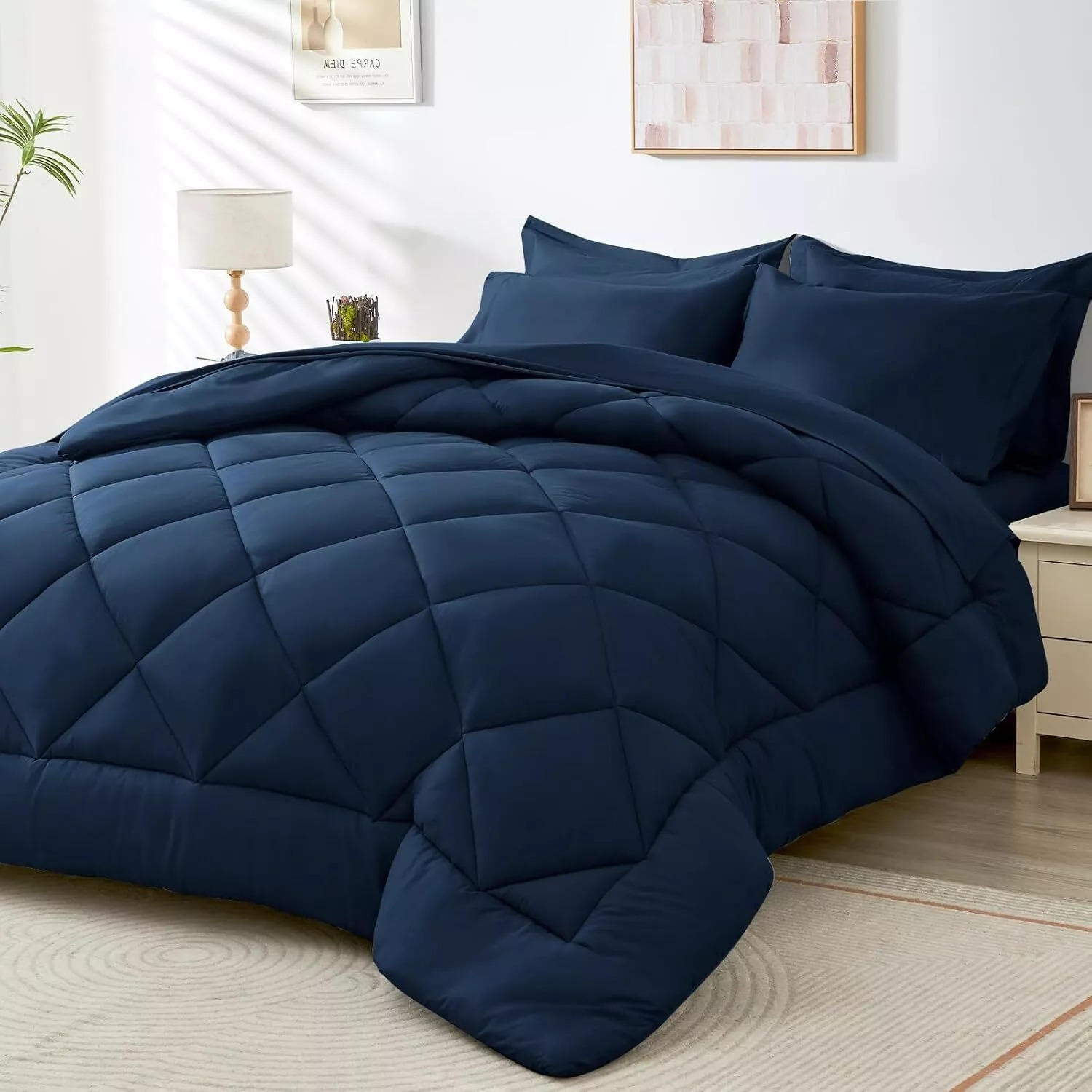 TEMU King Size 7pcs Luxurious Comforter Set - Fluffy Fiber Filling - Breathable Comforter With For All , Quilted Comforter, Flat Sheet, Fitted Sheet,