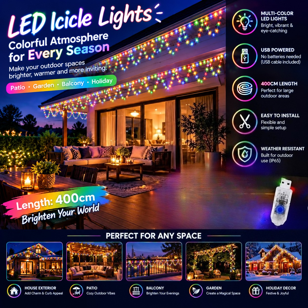 TEMU Guirnalda de luces colgante de 400 cm de largo con 138 LED, cadena de luces navideñas, guirnalda de luces LED , enchufe USB, 8 de iluminación,