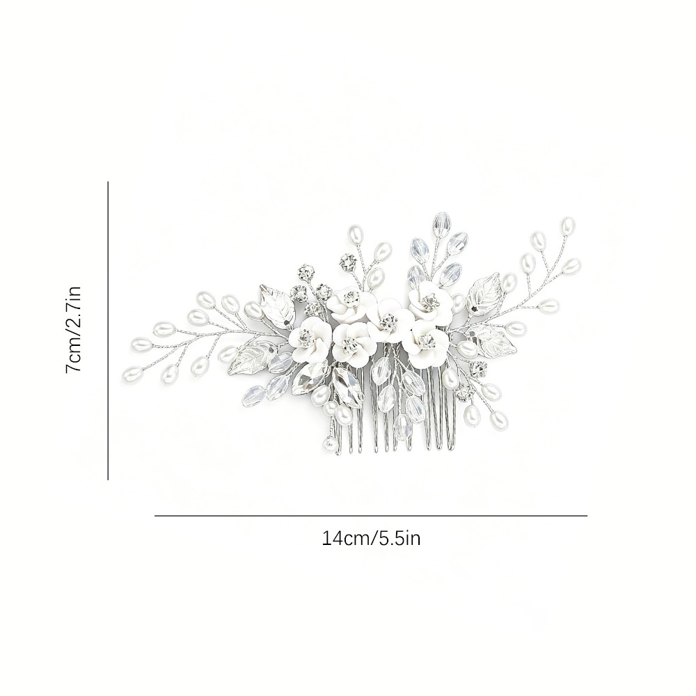 TEMU Peigne à cheveux de mariée floral argenté, pièce de cheveux de mariage à avec , perles et strass de feuille, élégant pince à cheveux perlée en