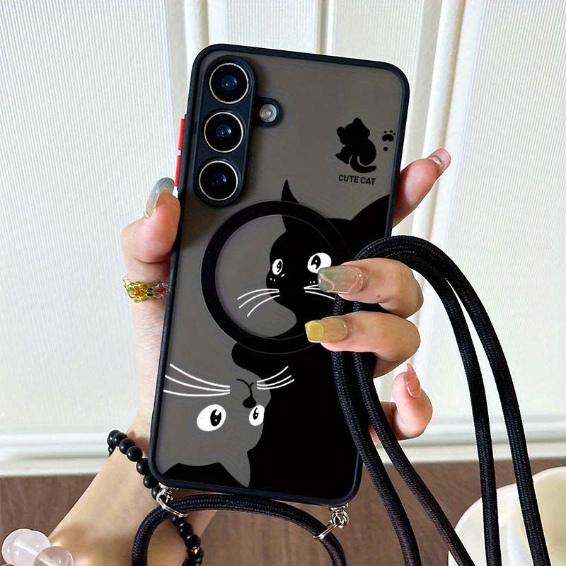 TEMU 2025 New Creative All-inclusive Shockproof Cute Black & White Cat Pattern Slant Lanyard Magnetic Phone Case Suitable For Galaxy S25 S24 S23 S22