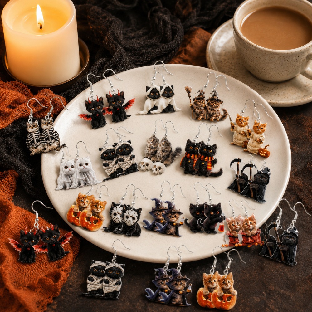 TEMU 10pcs/5 Pairs Random Styles Halloween Acrylic Tassel Earring Set, Cute Cat Pumpkin And Skull Design Horror Jewelry, Fun Holiday Gift Ideal For