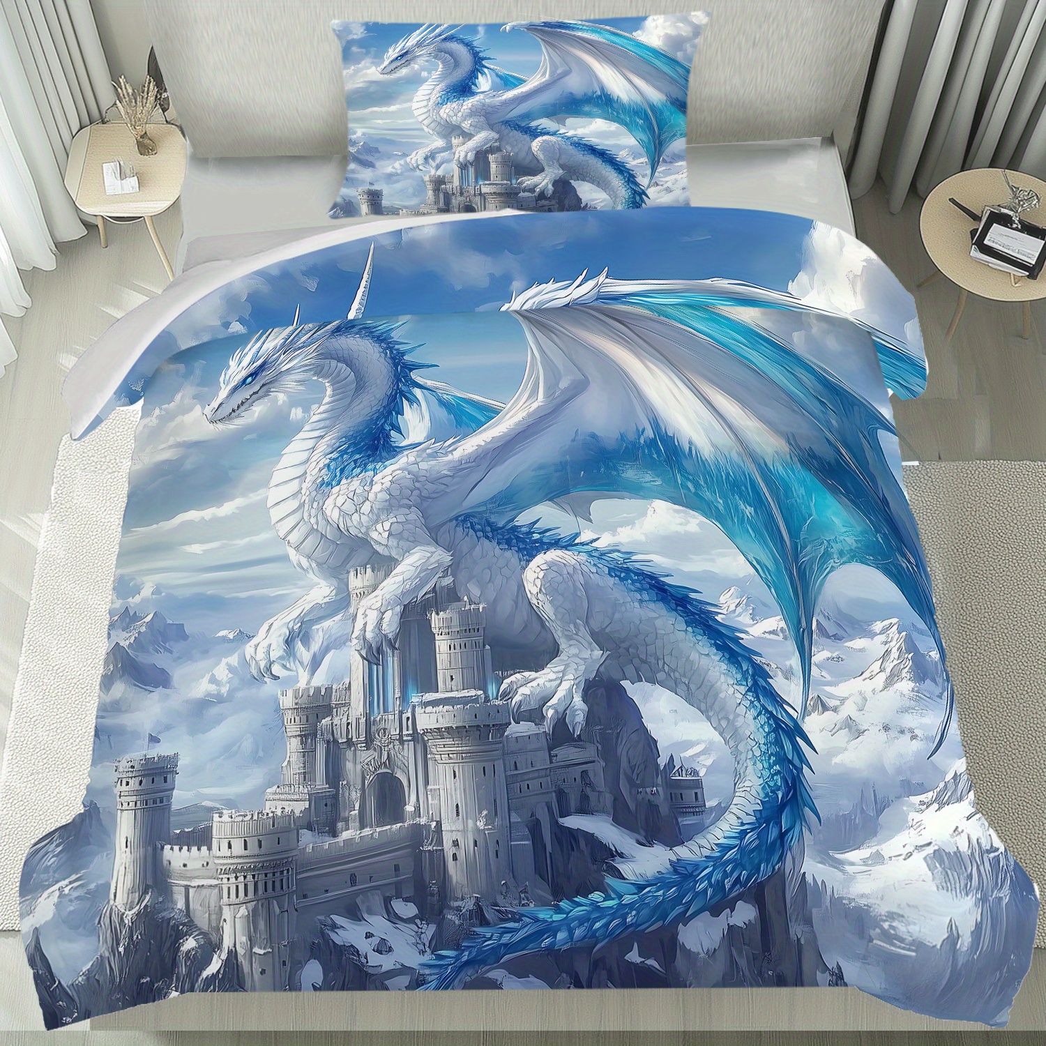 E-shop 2/3er-Set Bettbezug mit Weißem Drachen auf Burgmuster, Inklusive 1 Bettdeckenbezug & 2 Kissenbezüge, Maschinenwaschbar, Digitale