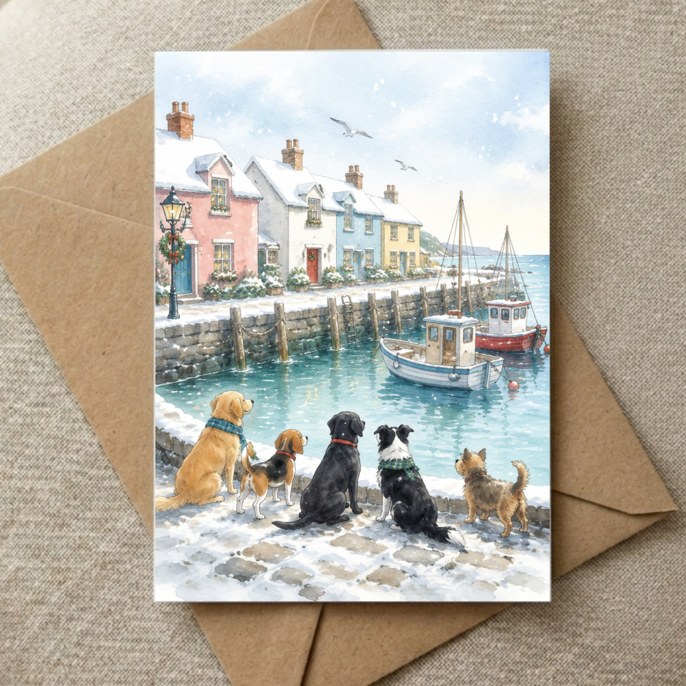 TEMU Scene With Dogs And Colorful Houses On A Card For Family, , And Neighbors For Holiday Greetings, Christmas Celebrations, And Seasonal