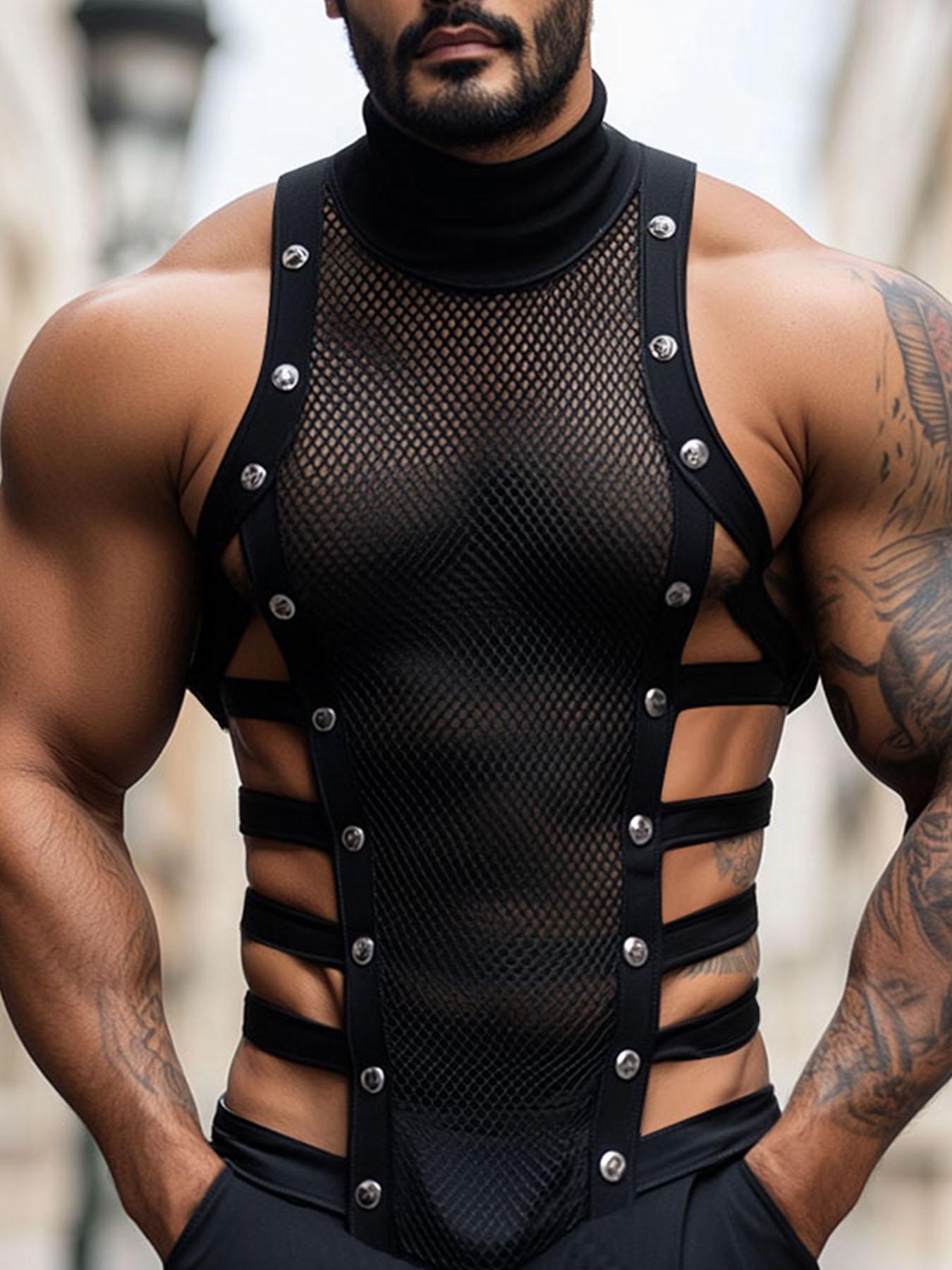 men partywear tank tops metallic buttons     hollow out turtleneck sleeveless   nightclub party casual vest