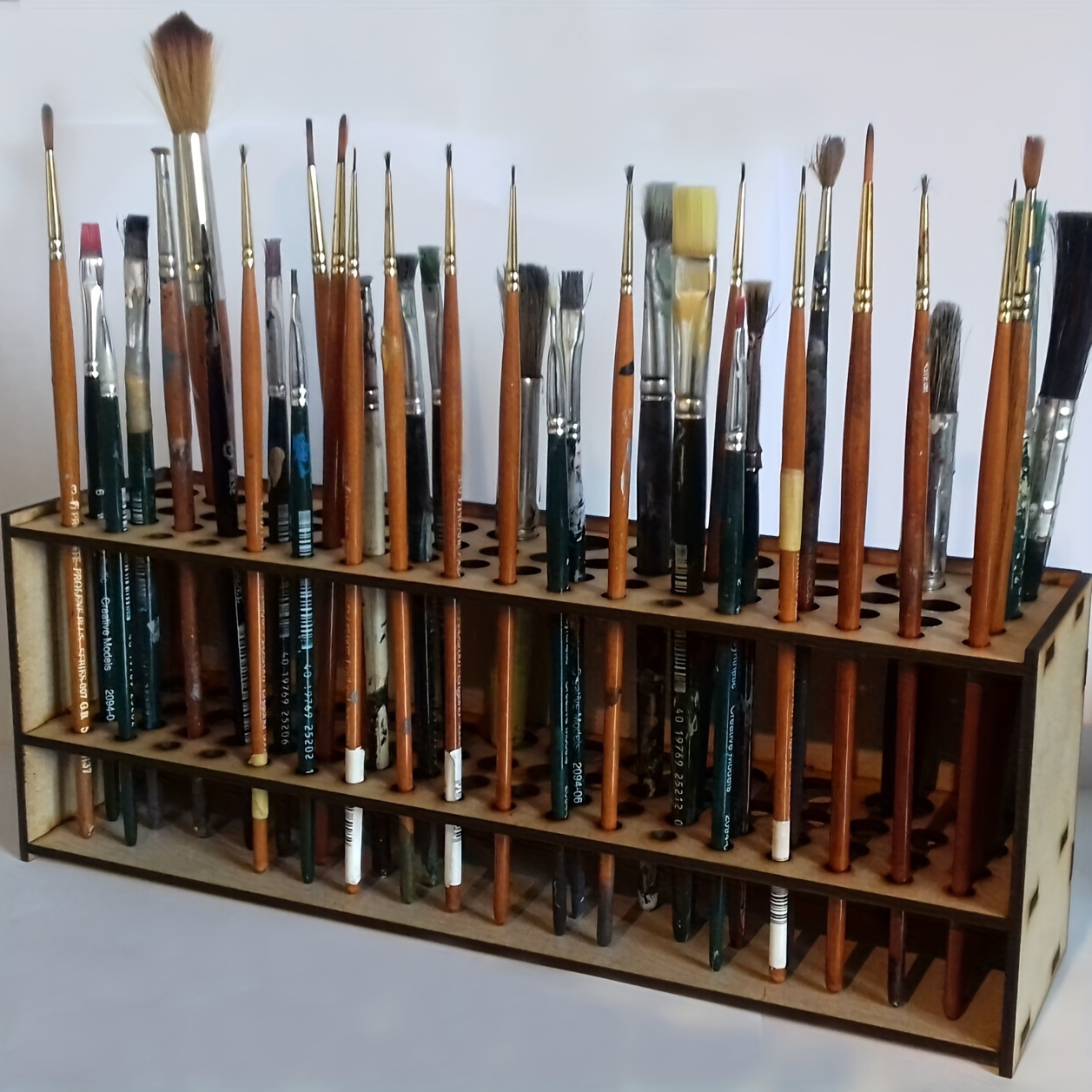 

Classic Wooden Brush Holder - 67 Slots, Hung On The Wall Or , Disassembled To Display Artist Brushes, No Electricity Required