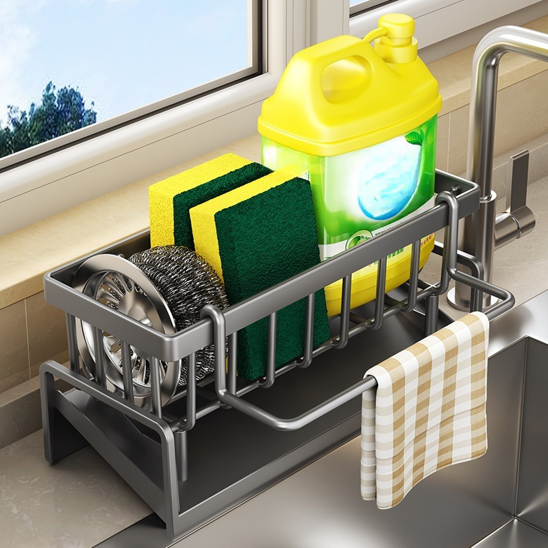 Plastic Sink Sponge Holder with Automatic Drain Tray, Bathroom Washbasin Towel Rack, Kitchen Countertop Organizer - Plastic Material - Home & Kitchen