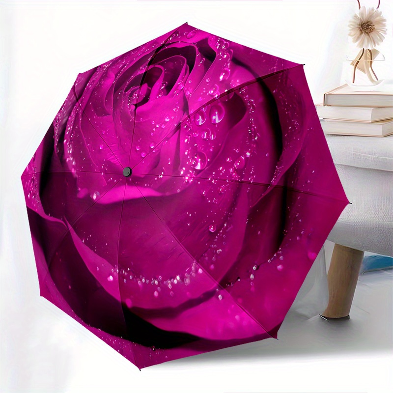 1pc Rose Petals Waterdrops Umbrella - 8-Rib Frame, Automatic Open Compact Travel Umbrella, Lightweight Durable Fashion Gift for Outdoor Use, Perfect for Halloween & Christmas accessories-C728045