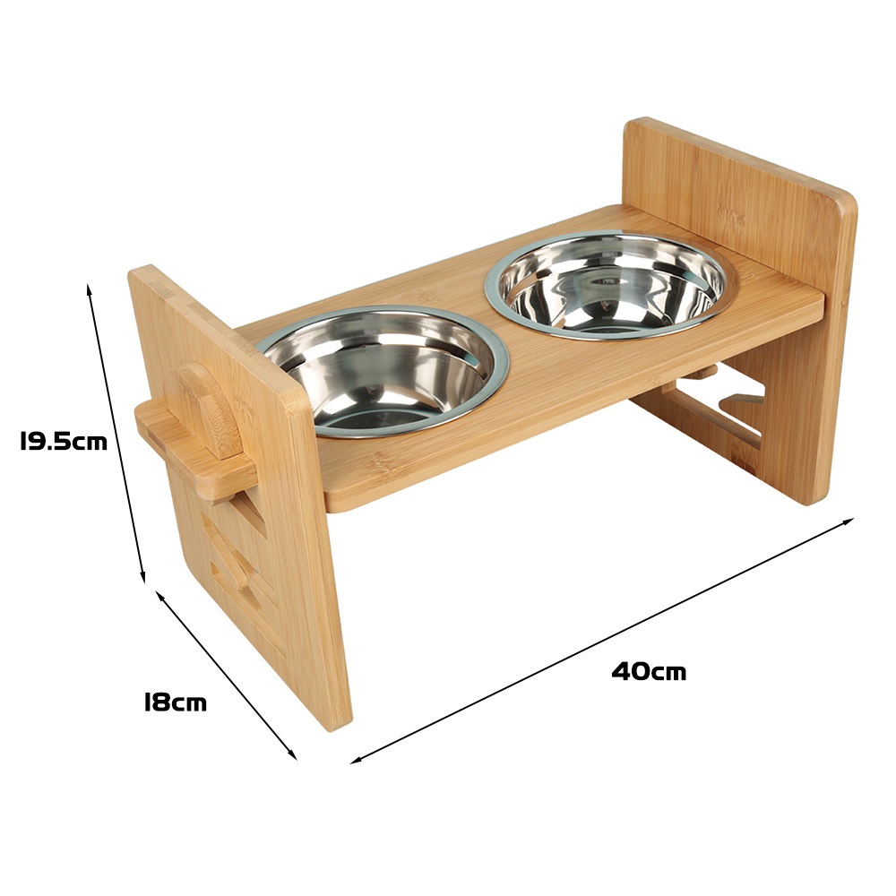 Image of Bamboo Cat And Dog Bowl Stand, Height-adjustable, With 2 Stainless Steel Bowls. Natural , Elevated Upright Bowl Stand For Pets.