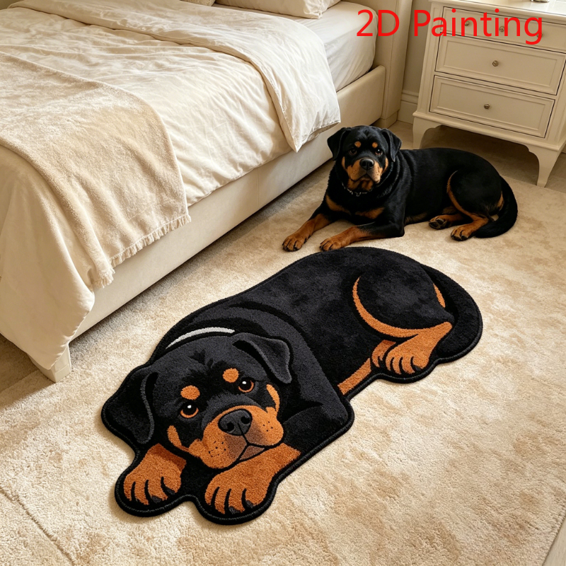 TEMU 1pc 2d Painting Rug, Imitation Cashmere-like Imitation Cashmere 900g + 9mm, Cute And Creative Rottweiler Plush Rug, Irregular Shape, For Bedroom