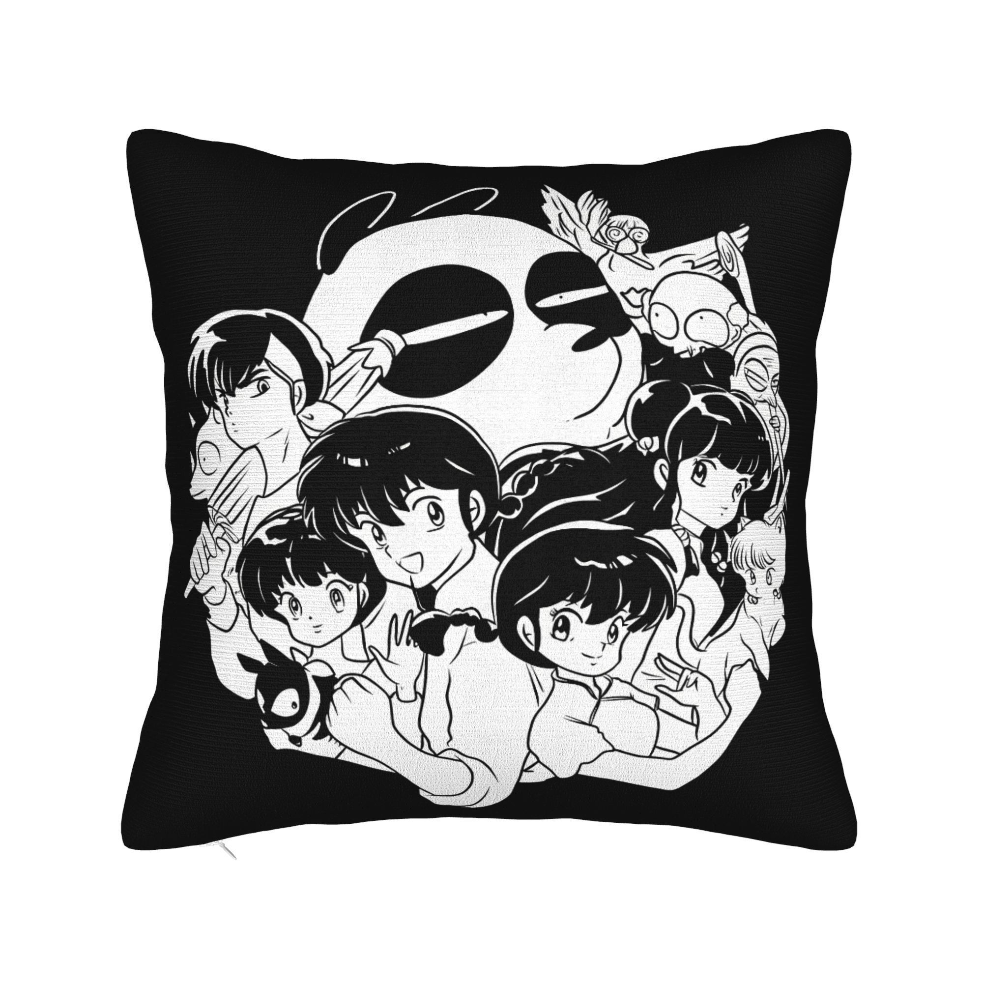 

1pc Housse de Coussin Décorative Ranma - Douce, Lavable en Machine, Fermeture Éclair, Mélange de Polyester, Fond Noir avec Illustrations de Personnages Fantaisistes ( Insert de Coussin)