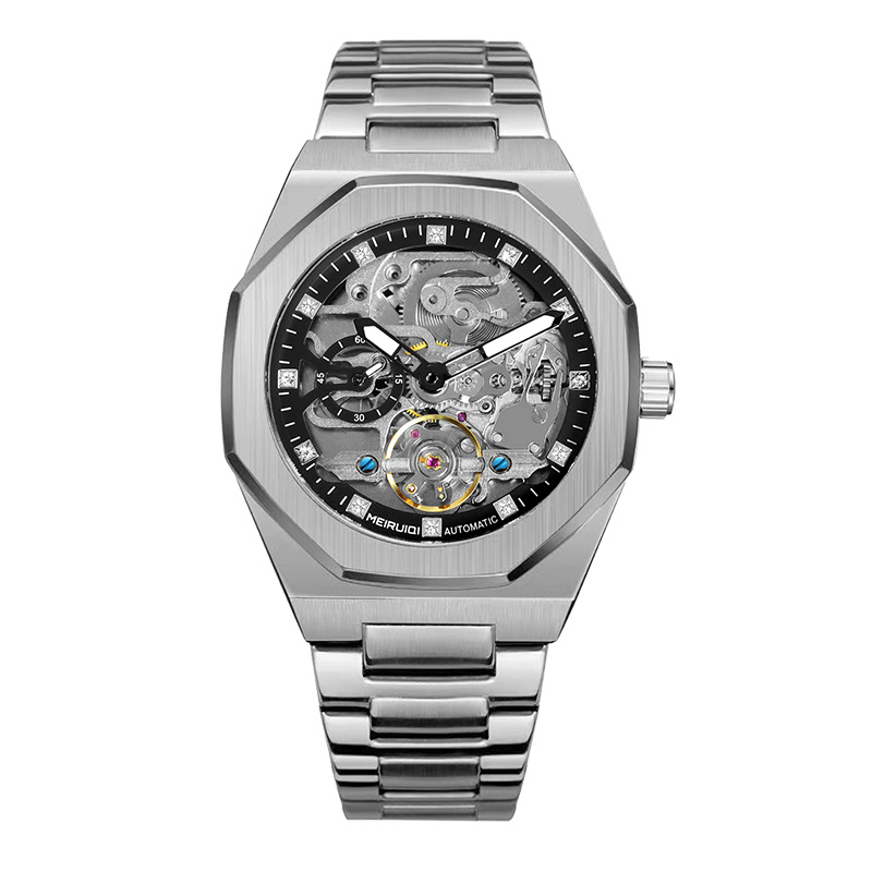 E-shop Herren-Uhr, schöne vielseitige, vollautomatische Tourbillon-Mechanikuhr mit silbrig-schwarzem Stahlstreifen-Zifferblatt
