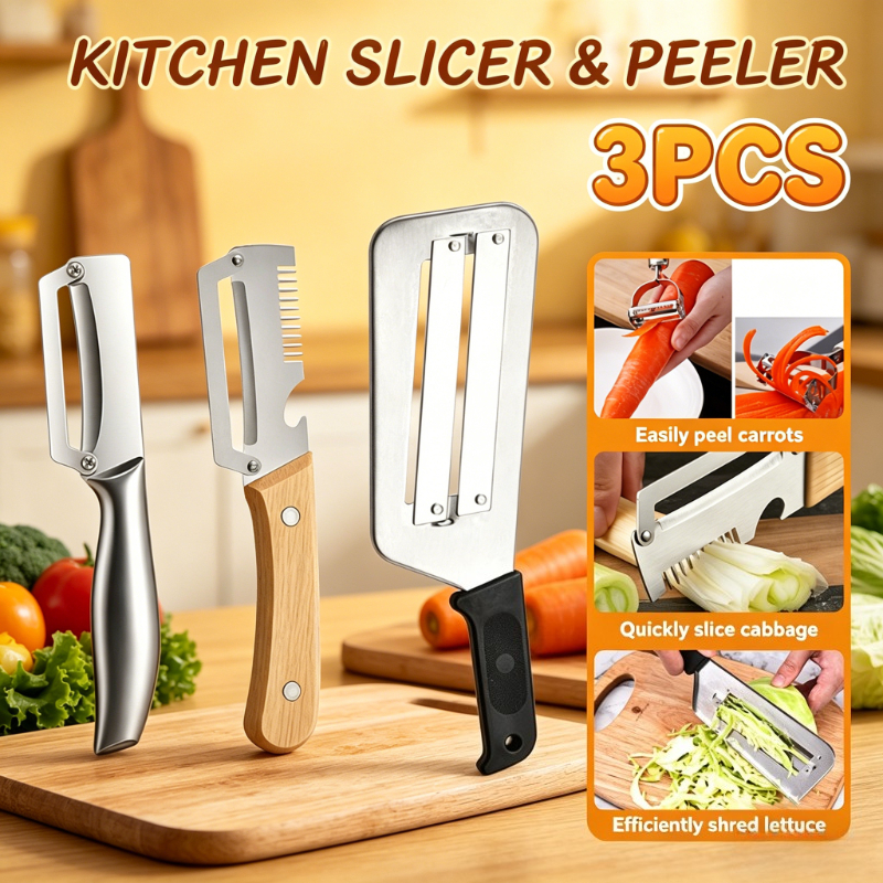 Image of 3pcs Multifunctional Kitchen Slicer And Peeler Set, Stainless Steel Vegetable , Cabbage Slicer, Potato Peeler, Food Prep Tool For