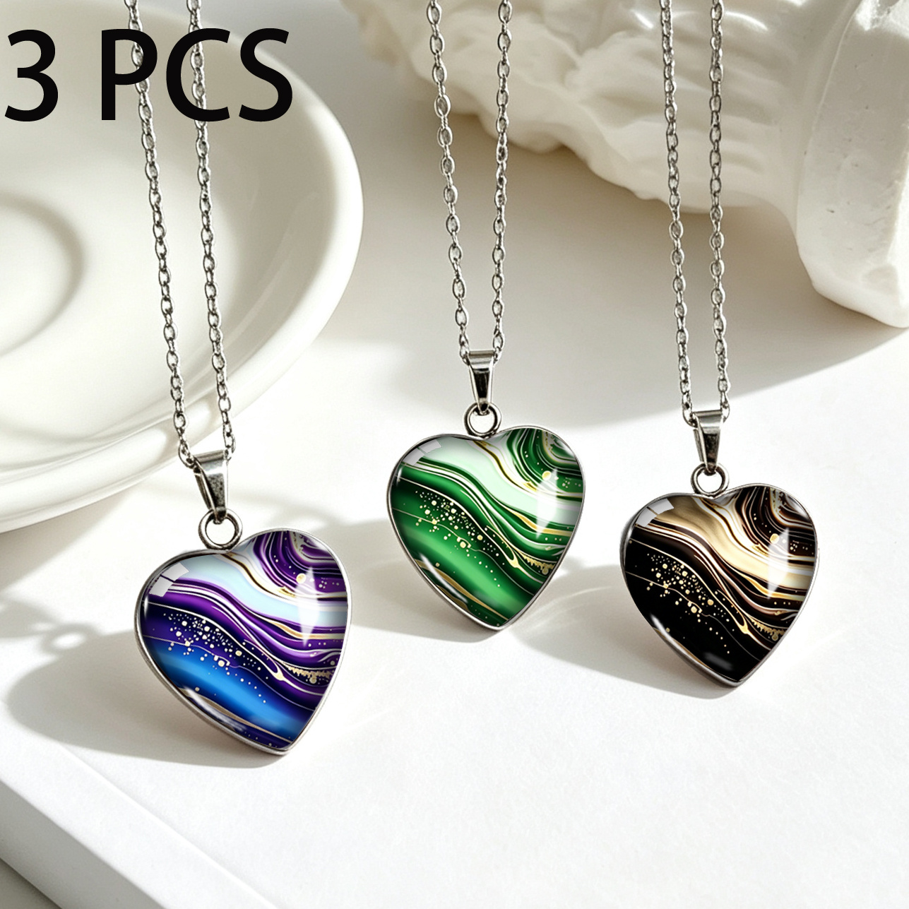 TEMU 3pcs Set Of Heart-shaped Stainless Steel Necklaces With Purple-blue, Green-white, And Black-yellow Time Gemstone Swirl Patterns, Unisex