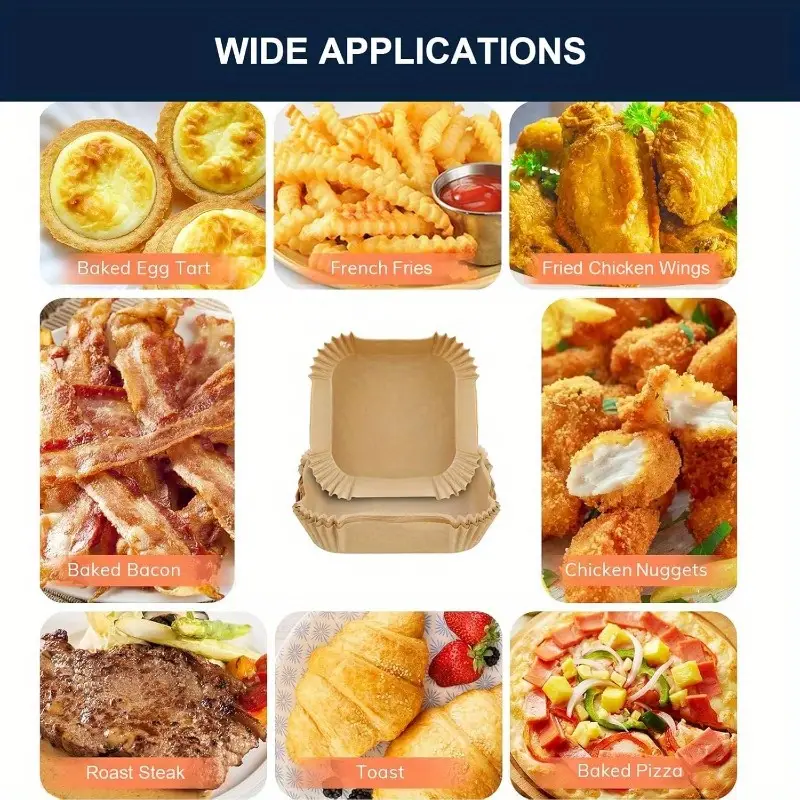 300pcs 7.9 inch square air fryer baking paper liners - parchment sheets with edges, silicone coated & unbleached, individually wrapped for , compatible with 5-8 fryer, oven, microwave, frying pan (disposable, food grade), air fryer liners non stick, special paper for airfryer, air fryer Product details 5