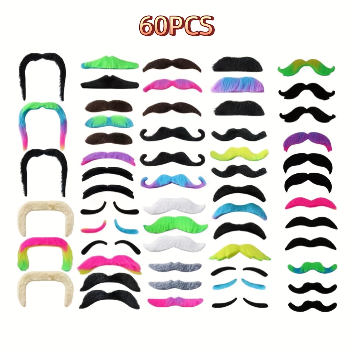 60pcs Fake Beard Prop Set, Mustache Props, For Party Photo Props, Multiple Colors And Styles Different Needs, Suitable For Party Makeup Wear, Self-adhesive