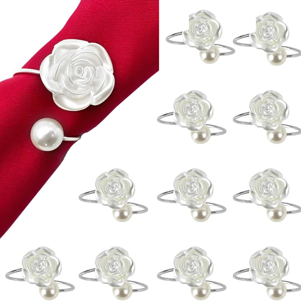 TEMU Ensemble de 12 anneaux à serviette en perles avec de fleurs de rose, supports dorés en métal pour serviettes, parfaits pour les réceptions de