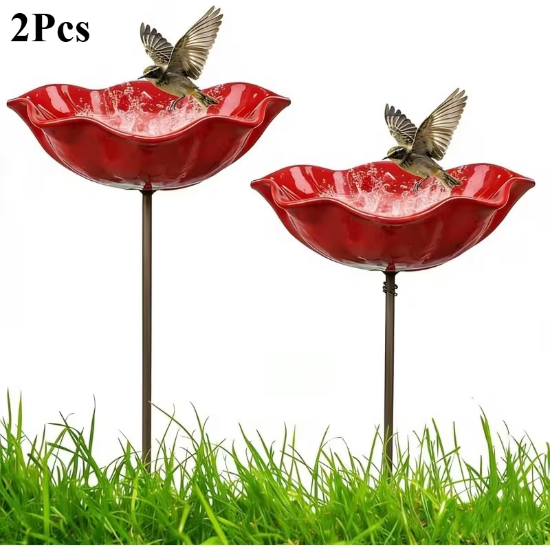 2pcs Handmade Metal Flower Garden Stake With Bee Bath And Bird Water Bowl - Decorative Outdoor Yard Art, And Watering Station, Weather-resistant Garden Decor Gift