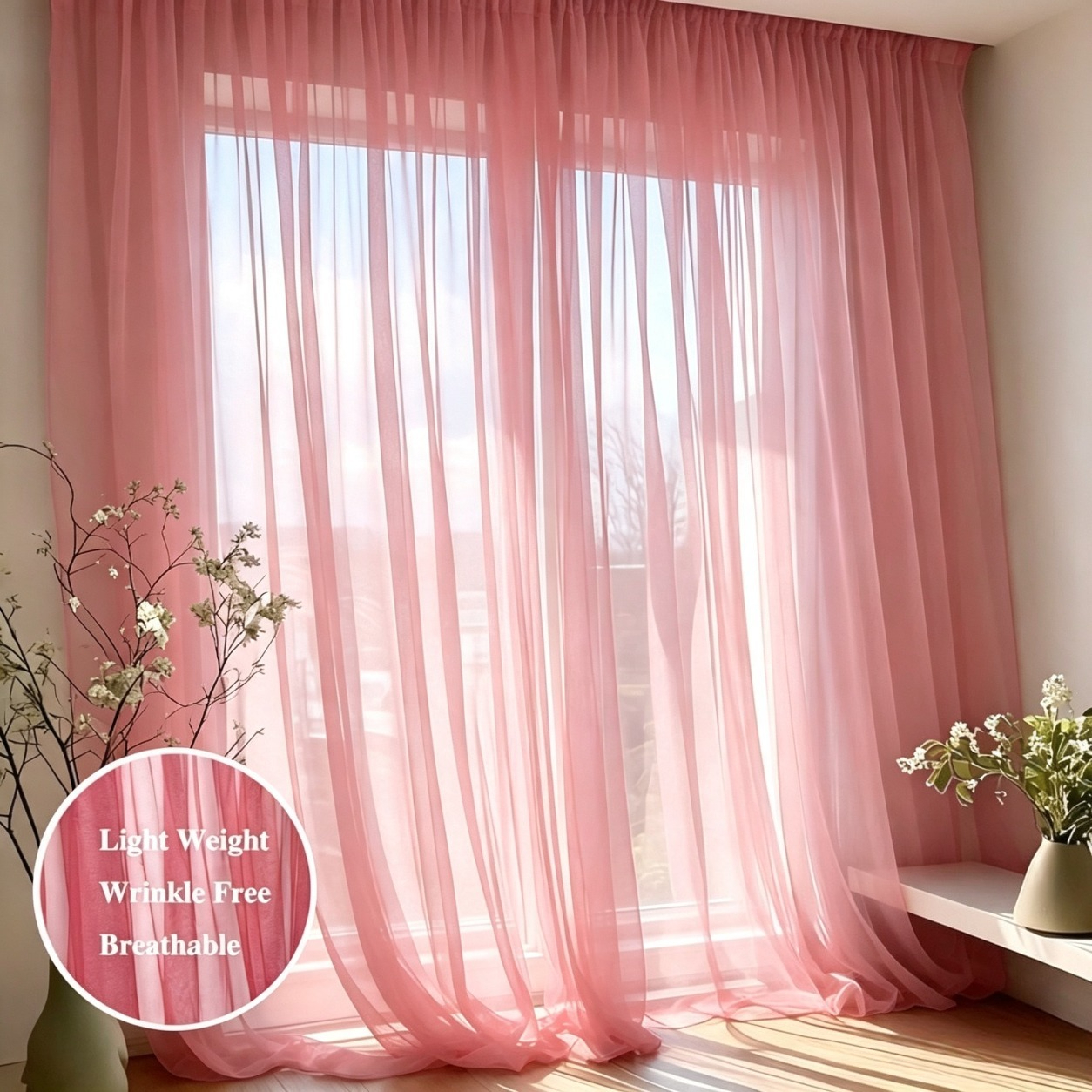 TEMU 2pcs, Vibrant Pink Mesh Sheer -one Rod-free Net Curtain, Adjustable Transparent Outdoor Window Curtain, Suitable For Courtyards, Cottages,