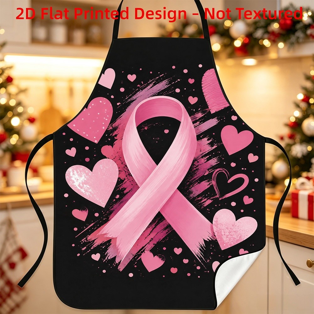 TEMU 2d Non-textured Apron With Breast Awareness Ribbon And Heart Patterns, 1pc, Size 23.58*31.49 Inches/60*80cm, Featuring An Adjustable Waist Belt.