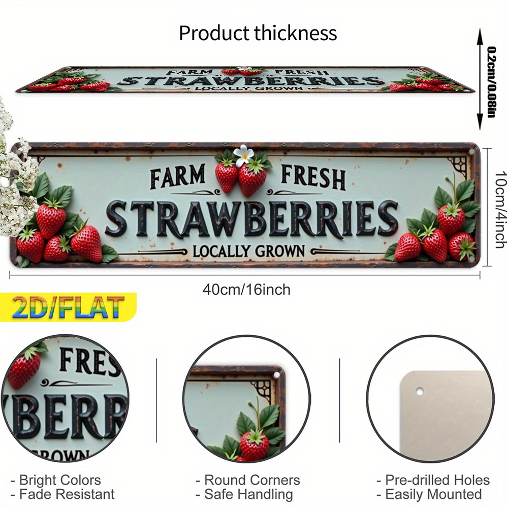 TEMU 2d Flat, 1pc Vintage Rustic Aluminum Metal Wall Sign " Strawberries Grown" - 4x16 Inch Weather-resistant Indoor/outdoor Decor For Kitchen,