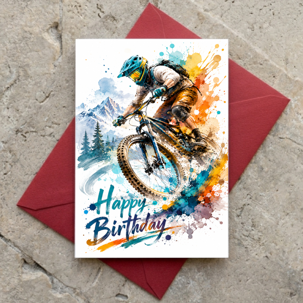 TEMU Carte de vœux d'anniversaire de VTT pour les passionnés d', avec illustration de cycliste , d'éclaboussures d'aquarelle et paysage , idéale pour