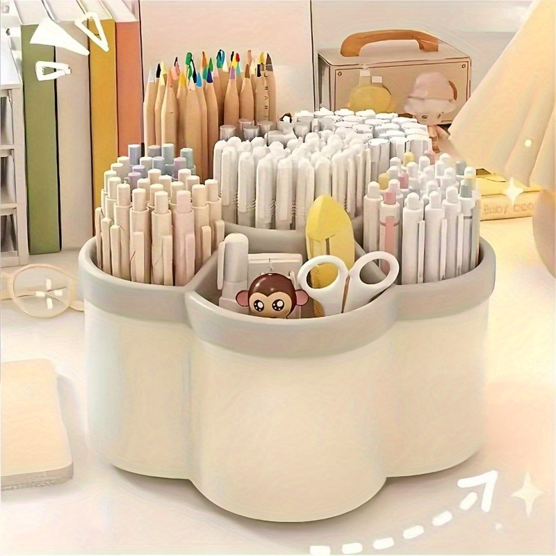   degree rotating desktop organizer featuring six compartments designed for storing office supplies makeup brushes and pens this storage rack is ideal for cosmetics stationery and tools