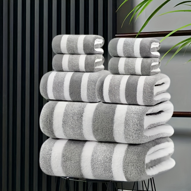 8pcs set of ultra soft two tone striped towels lint   friendly and absorbent   2 large bath towels 2 large face towels 4 hand towels home and hotel quality towel set