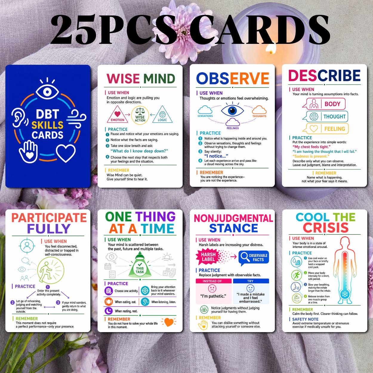 TEMU Dbt Skills Coping Skills Cards, 25pcs English Version Cards With Wise Mind, Mindfulness & Emotional Regulation Tools For Daily Encouragement,