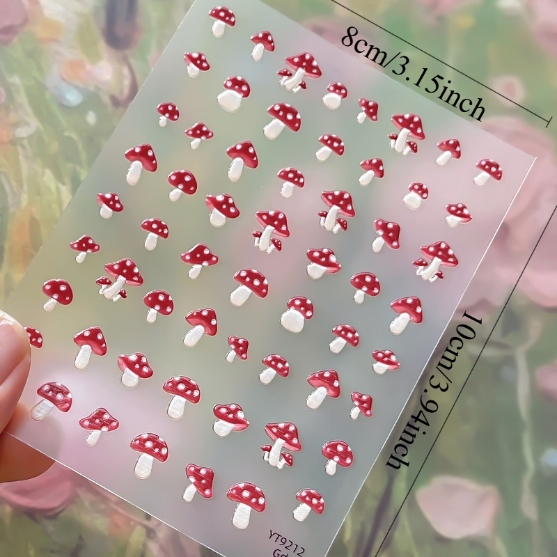 TEMU 1pc Cute Cartoon Mushroom Nail Stickers, Featuring Cute Mushroom Designs Of Different Shapes. Are Fun Nail Accessories, Suitable For Love