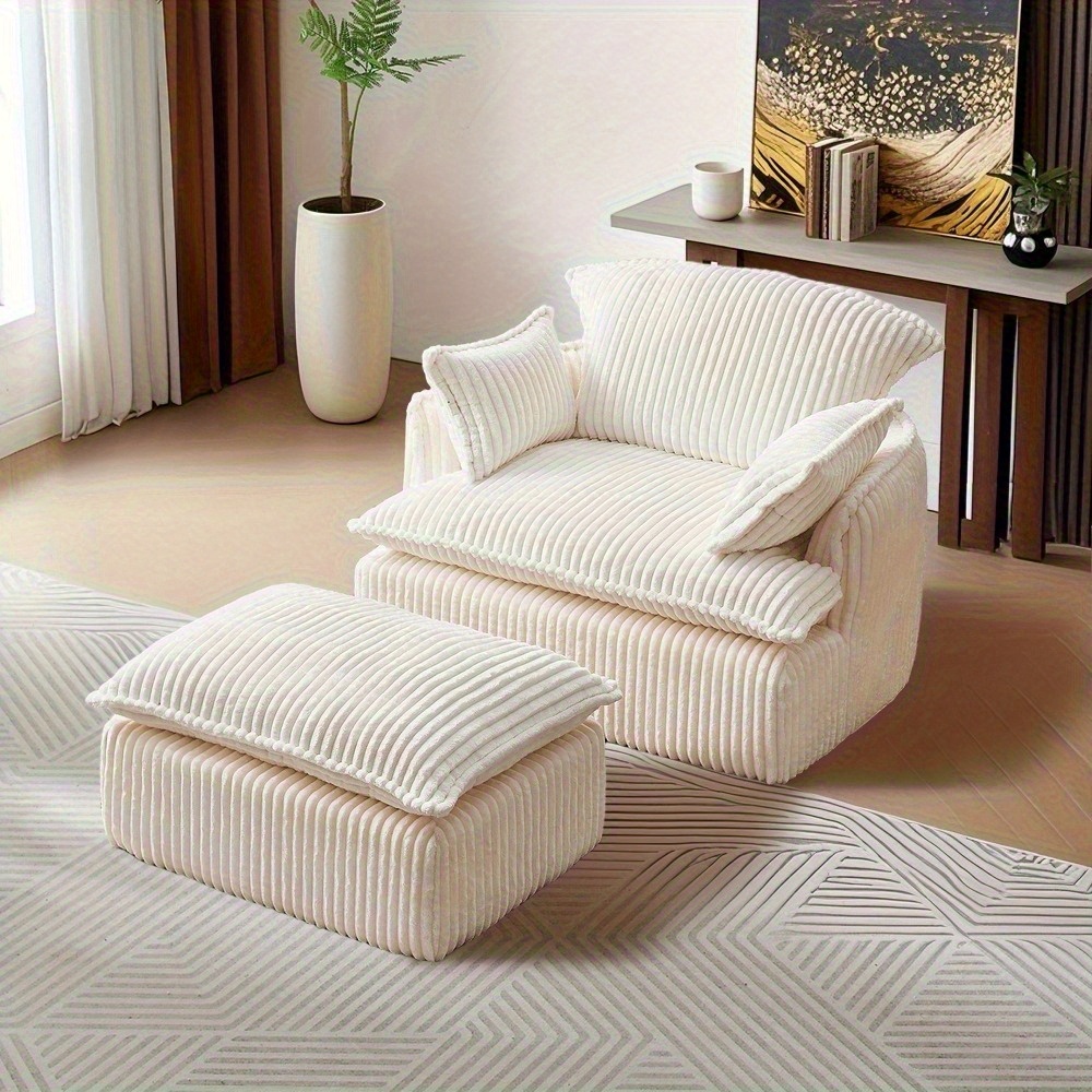 Compression Sofa Chair With Footstool, Modern Chenille Fabric Armchair, High-density Sponge Filling, Compact Space- Design, Suitable For Living Rooms, Dorms, And Apartments, No
