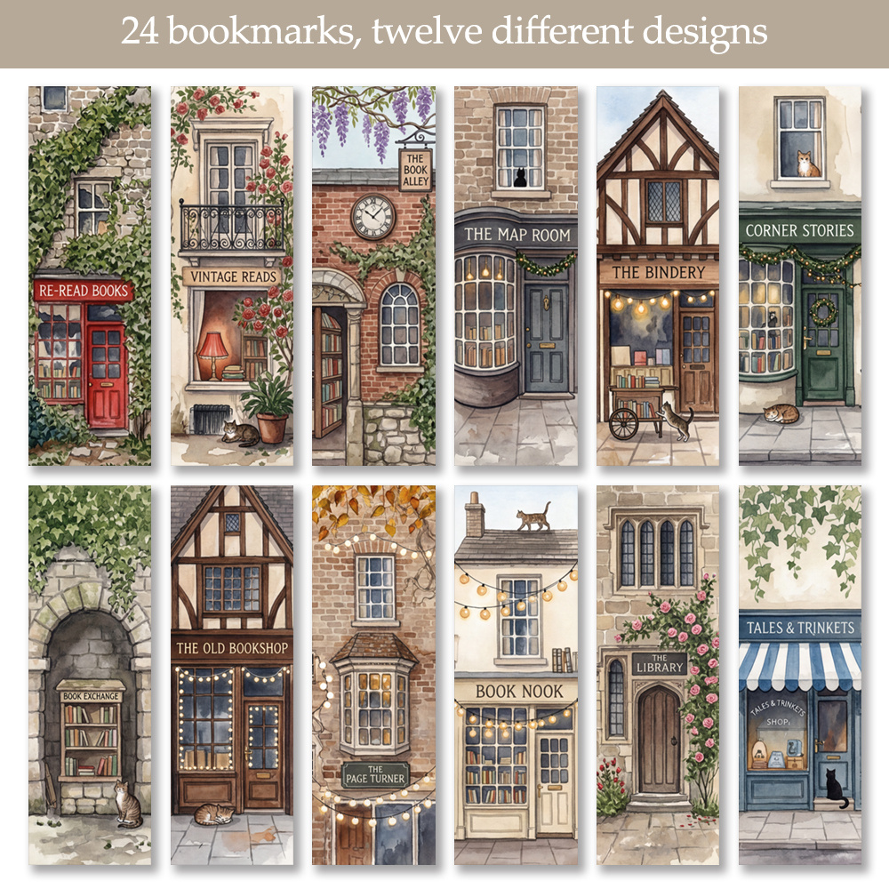 TEMU 24pcs Cozy Reading Bookmarks - Old Bookstore Art, Watercolor Design And Aesthetic Page Markers For , Cat Lovers And Gift