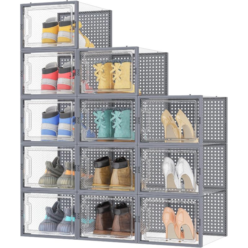 Shoe Boxes, 12-pack Stackable Shoe Boxes, Shoe Organizer Storage, Shoe Box With Lid For Shoes Up To Size 46, Gray