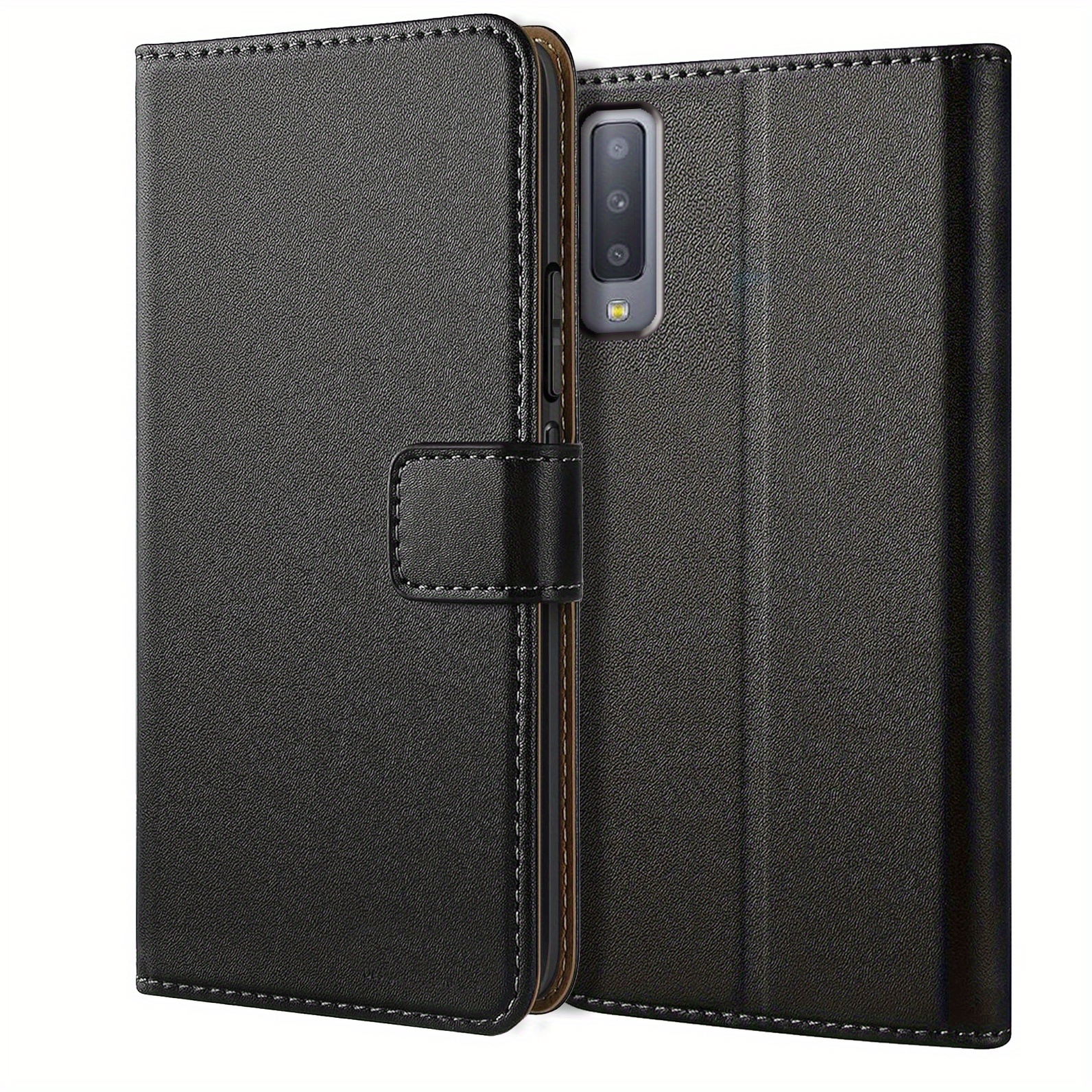 TEMU Étui téléphone : pour for Galaxy A7 (2018) - Étui portefeuille noir avec support intégré, fente pour carte en simili cuir, coque de rabattable