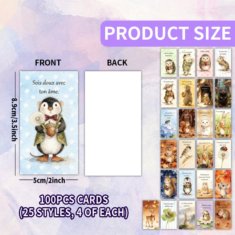 TEMU Lot de 100 cartes - Animaux mignons aquarelles - Cartes d'affirmations inspirantes illustrées, 25 uniques, adaptées à la , aux soins et à la