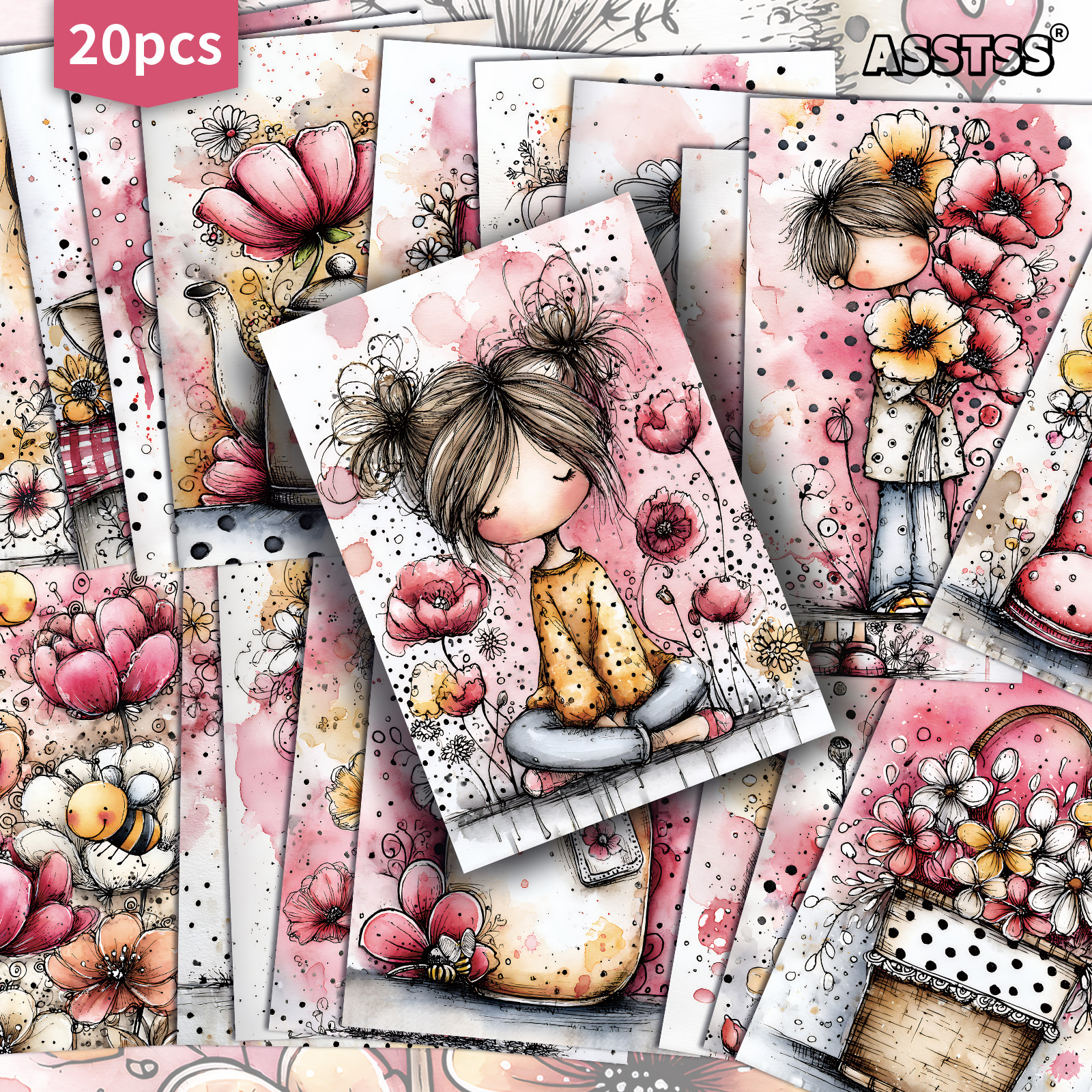 TEMU 20-pack Asstss Retro Pinup Girl Watercolor Cards - Spring Flower Gift Cards Suitable For Scrapbooking, Junk Journals & Crafting - Vintage