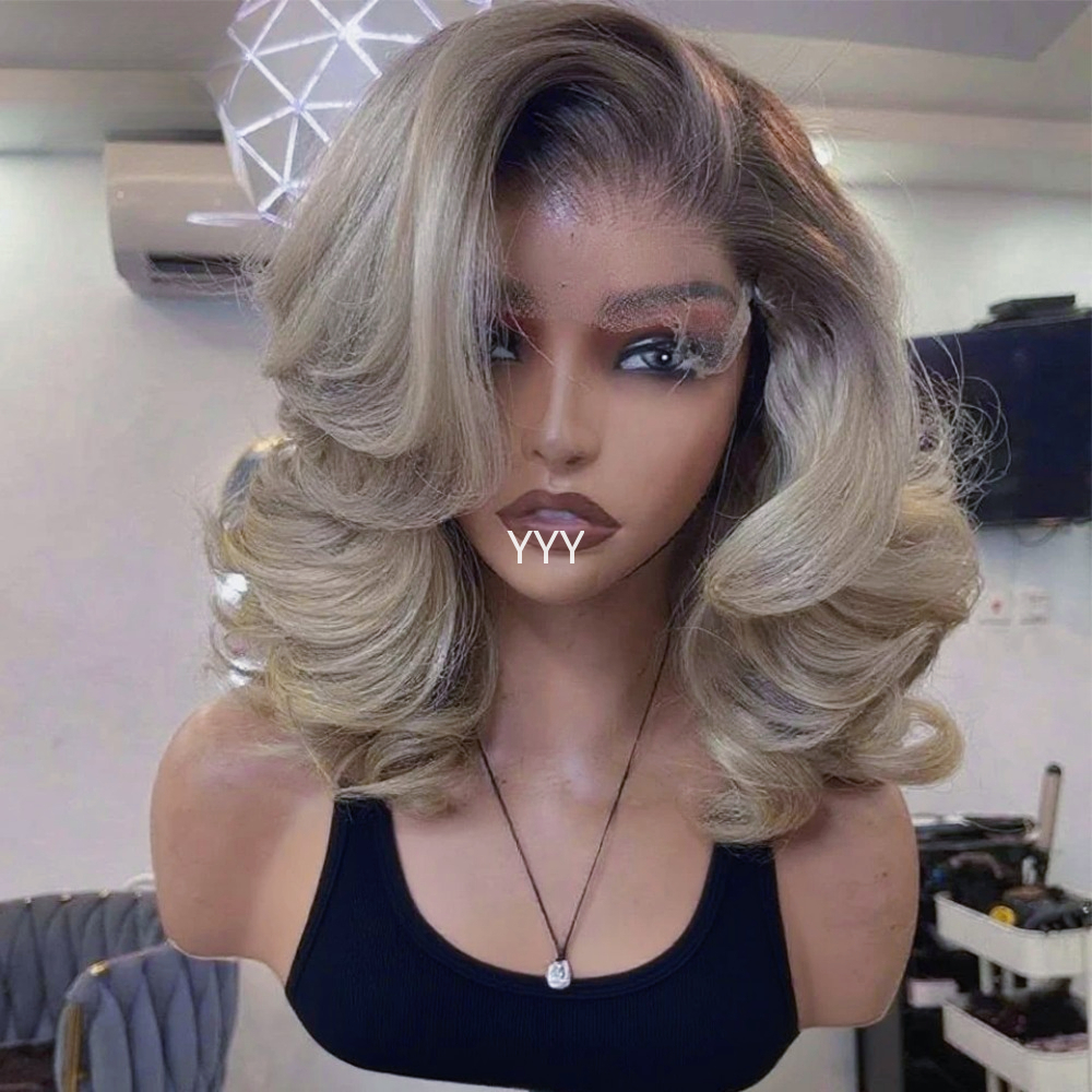 TEMU Une perruque synthétique à boucles courtes et ondulées de 16 pouces avec un design ombre brun blond, dotée d'une dentelle frontale colle