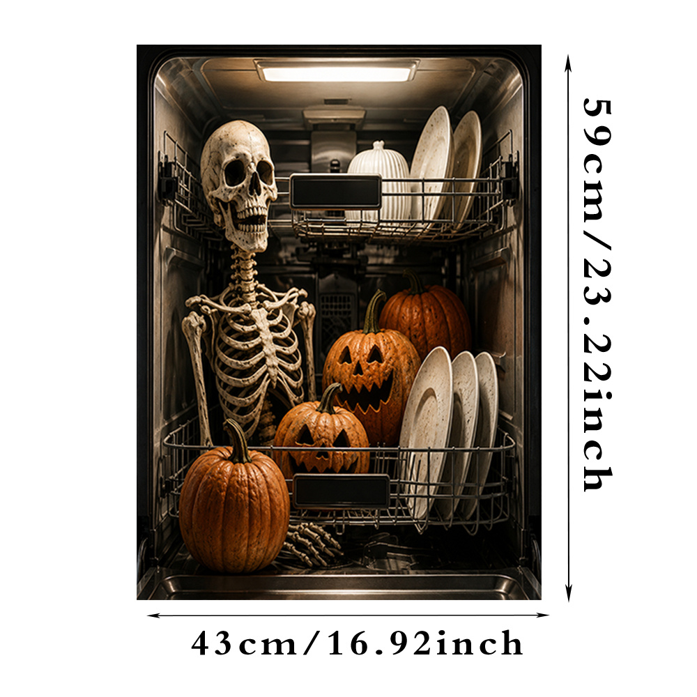 TEMU Autocollant de couverture de porte de lave-vaisselle 1 pièce, citrouille et squelette d'Halloween, convient aux lave-vaisselle et réfrigérateurs