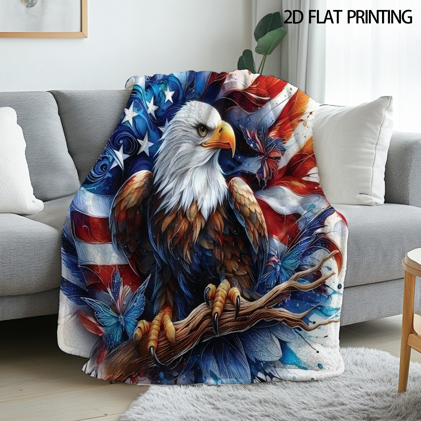 1pc, Bald Eagle, Flannel Blanket, Soft, American Flag Watercolor , For Home Decor, Living Room, Travel, Use, Birthday Gift, Best For Valentine's Day